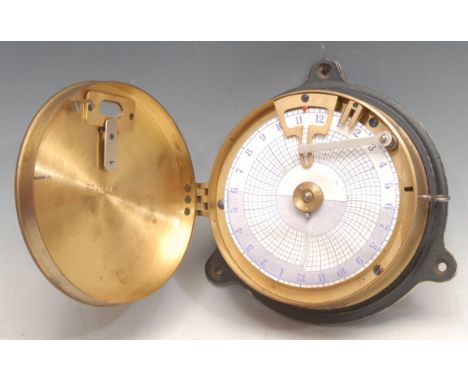 A mid 20th century brass night watchman's time recorder, hinged cover enclosing clock mechanism and paper time disc, Arabic n