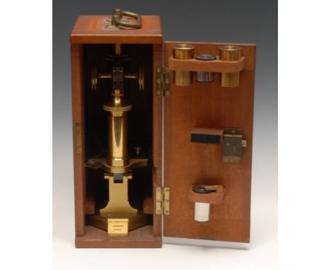 An early 20th century lacquered brass monocular microscope, by R &amp; J Beck Ltd, London, rack-and-pinion focusing, serial n