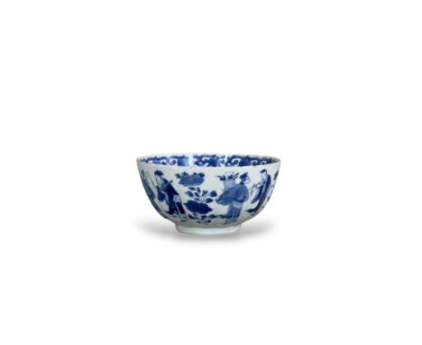 A Good Blue and White Figural Lobed Bowl, Kangxi, with the 'eight immortals' painted on the exterior separated by four bunche