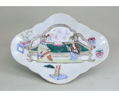 A Fencai Dish with a Couple Smoking Opium, six character iron red seal mark of Tongzhi and of the period, the kite shaped dis