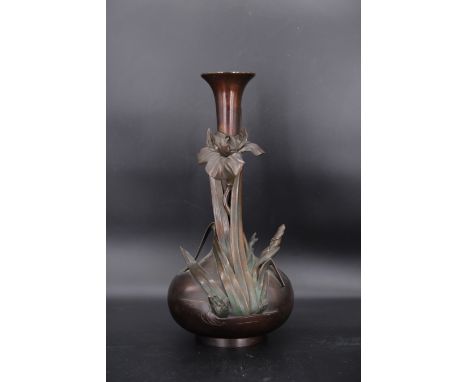 A Japanese Bronze 'Iris' Vase, late Meiji/Taisho period, with globular body and slender neck, applied to one side with separa