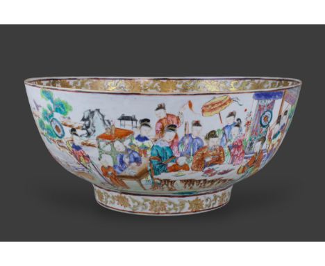 A finely enamelled 'Figure Scene' Punchbowl, Yongzheng/ early Qianlong, the exterior with a charming continuous palace garden