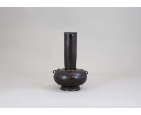 A Rare Bronze Bottle Vase, Song/Yuan dynasty, with straight neck rising to a slightly galleried rim from the compressed globu