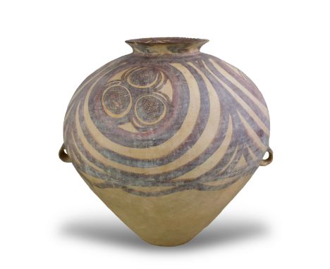 A Large Painted Pottery Jar, Neolithic period, the ovoid body surmounted by a waisted neck and flanked by two strap handles, 