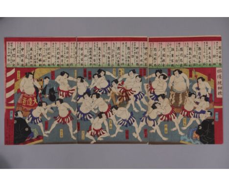 A Japanese Woodblock Triptych Print of Sumo Wrestling Scenes.