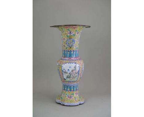 A Large Yellow Ground Canton Enamel Vase, gu, Qianlong, of four lobed oval section, finely enamelled with bird or landscape v