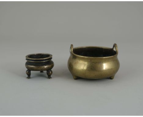 Two Miniature Bronze Censers, li ding, Qing dynasty, the larger of bombe form with nipple feet, moulded six character mark of