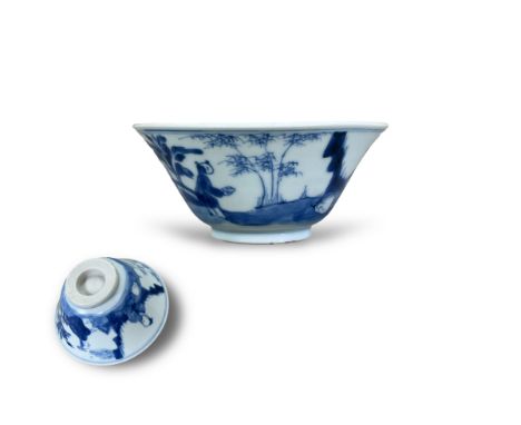 A Good Blue and White 'Scholars' Conical Bowl, Kangxi, the exterior with two scholars and one attendant in a garden, waves an
