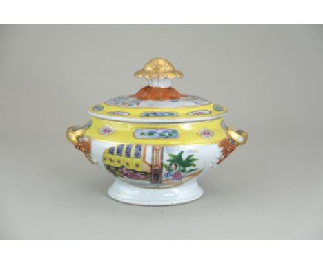 An Oval Tureen and Cover, mid Qing, finely enamelled with oval reserves of scholars and maidens in palace garden, within brig