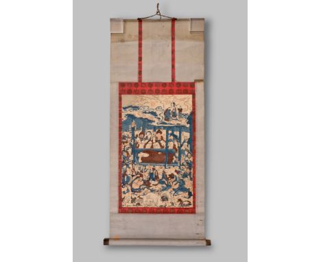 A Japanese Buddhist Woodblock Print, Edo period, The print shows Buddha Shakyamuni in nirvana  W:41cm, L:88cm 