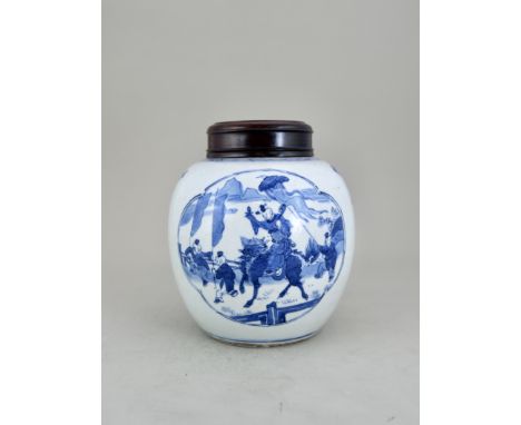 A Blue and White Ginger Jar with Boys, Kangxi, with a lobed vignette of boys at play in gardens on one side, and on the other