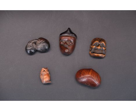 A group of  Five Japanese Wooden Netsuke, Meiji period 