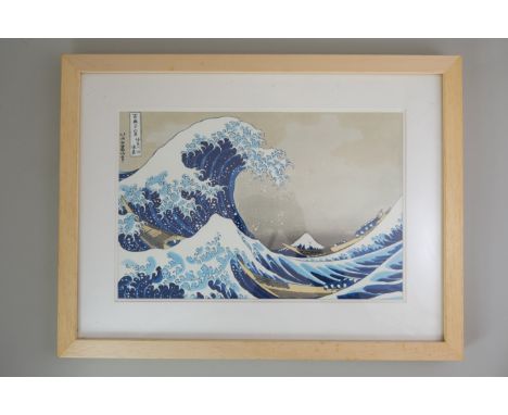 A Japanese Woodblock Print, The Great Wave of Kanagawa, attributed to Hokusai(1760-1849), L: 49 cm, W: 39cm (Inc frame). Good