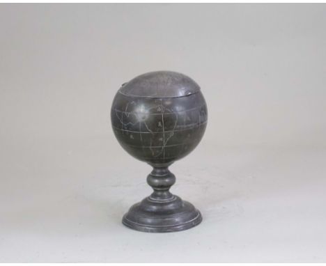 A Pewter Globe Shaped Teacaddy and Cover, 19th century, standing o  a domed foot and knopped stem, the caddy and hinged cover