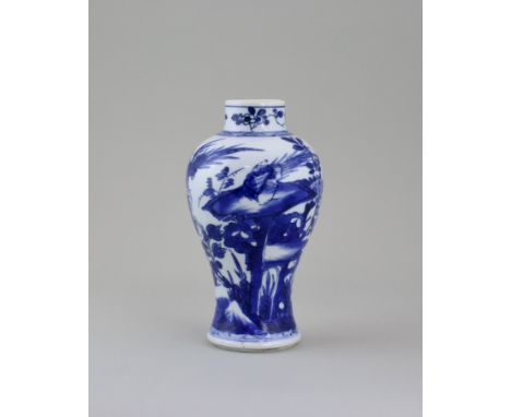 A Blue and White Vase, Kangxi, of baluster form, well painted in strong cobalt with a continuous scene of a pheasant flying d