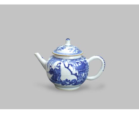 A Blue and White 'Figures'Teapot and a Cover, Kangxi, the rounded sides with a continuous scene of two scholars meeting a mai