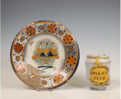 Italië, aadewerk Albarello, 18e eeuw; Uitgevoerd met decoratie medaillon 'Requies Puer', omringde door laurier en hert. Hierb