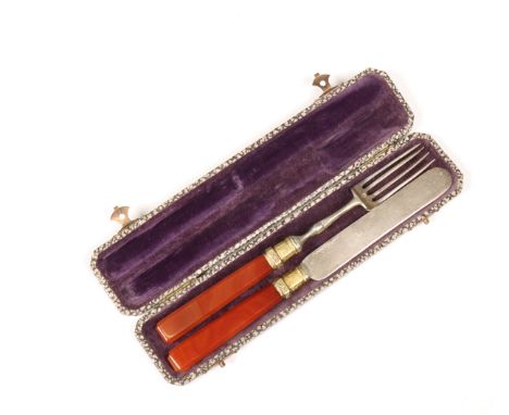 Turkey, Ottoman, parcel gilt silver spoon and fork with agate hafts. 18 - 19 cm Provenance: Private Belgium colleciton, colle