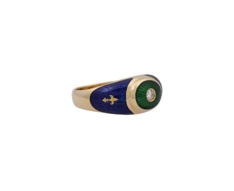 FABERGÉ by VICTOR MAYER Ring mit Brillant ca. 0,05 ct, ca. FW (G)/IF, GG 18K, blau u. grün emailliert, 6,5 gr, RW: 55, Ende 2
