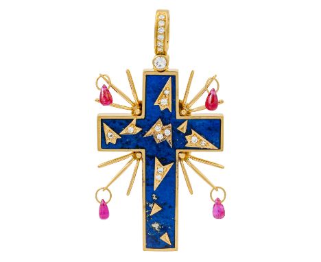 SALVADOR DALI limitiertes Juwelenkreuz mit Brillanten von zus. ca. 0,2 ct, gute-mittlere Farbe und Reinheit, Lapislazuli und 