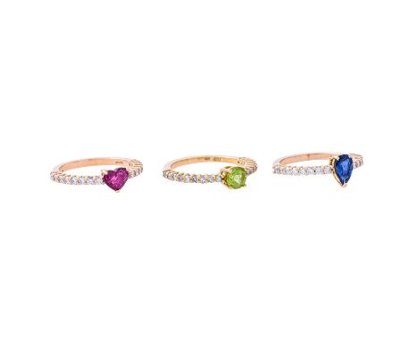 Set 3 Ringe mit Farbsteinen und Diamanten von zus. ca. 1 ct, mittlere bis gute Farbe u. Reinheit, Peridot, Saphir, Rubin, RG 