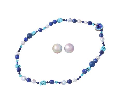 Konvolut zweiteilig best. aus Steinkette, Ehinger-Schwarz punz., mit grauen Zuchtperlen, Lapislazuli, Türkisen und emaliertem