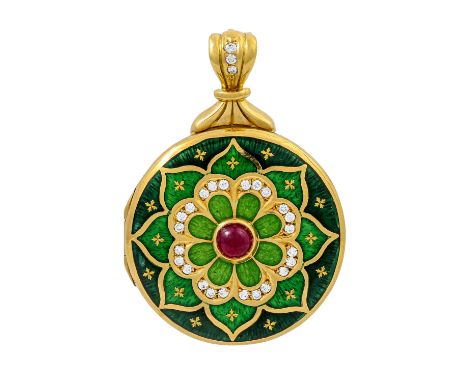 FABERGÉ by VICTOR MAYER Anhänger, Rubincabochon, Brillanten zus. ca. 0,26 ct, ca. FW (G)/IF, GG 18K, grün emailliert, 22,8 gr