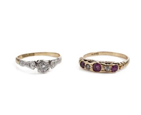 A ruby and diamond ring, in yellow gold, stamped "18ct", size O, 2.9g gross; and a diamond single stone ring, in platinum set