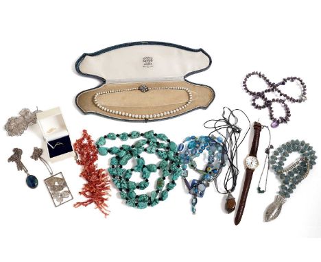 A selection of gold, silver and costume jewellery, including: a sapphire and diamond dress ring, in 18ct yellow gold, size I,