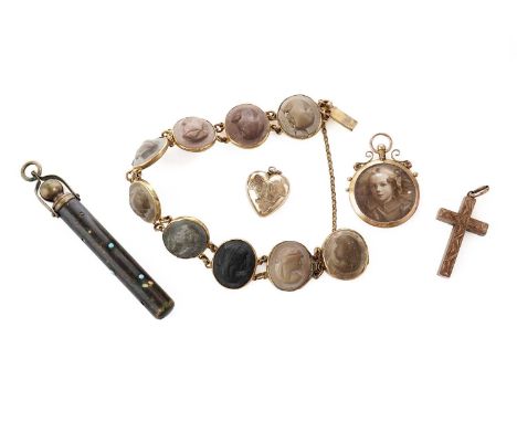 A selection of Victorian and later jewellery, including: a Victorian mourning Albert watch chain, formed of woven rope twist 
