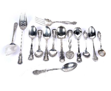 A selection of mainly American interest silver teaspoons, four matching, others of varying decoration; together with a tartle