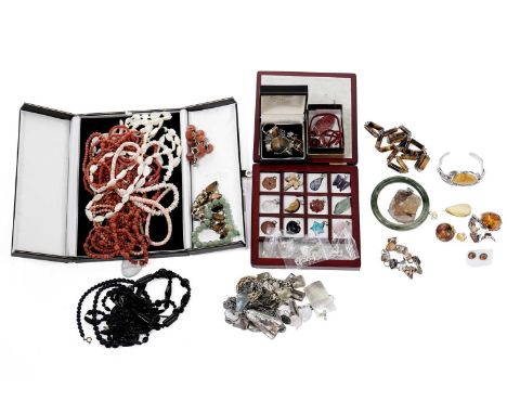 A selection of mineral gemstone set jewellery, including: coral bead necklaces; a mother of pearl bead necklace; jet necklace