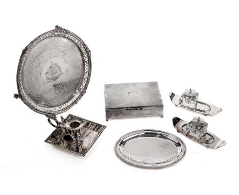 A selection of plated items including a chamber candlestick, inkwells, a tray, and other metal wares.