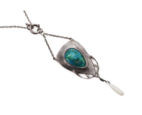 An Art Nouveau blue enamel and mother-of-pearl silver drop pendant, in the manner of Archibald Knox, unmarked, on a silver ch