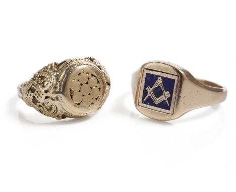 A yellow gold signet ring, stamped "9ct", size S, 7.9g gross; and a blue enamel Masonic signet ring, size W, 7.0g gross. (2)