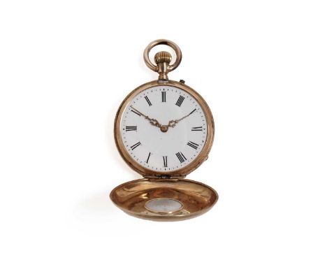 A Continental gold half hunter fob pocket watch, the white enamel Roman dial enclosed in an engine turned case with black ena