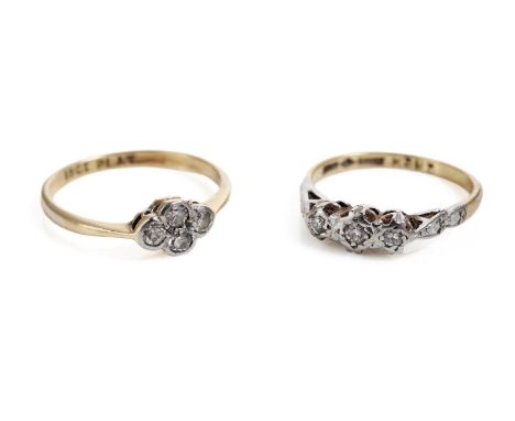 A diamond cluster ring, in platinum setting and yellow gold shank, stamped "18ct Plat", size N, 2.0g gross; and a diamond thr