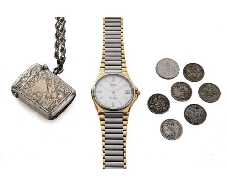 A two-tone Zenith Port Royal wristwatch, case 33mm diameter, the white Roman dial with baton hour markers at and date apertur