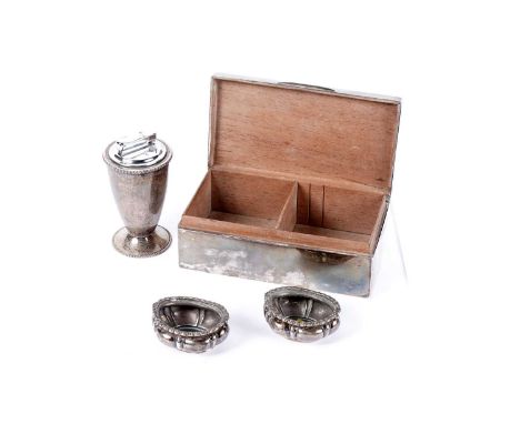 A silver mounted cigarette box; together with a pair of silver table salts; and a silver table-lighter receiver, with metal l