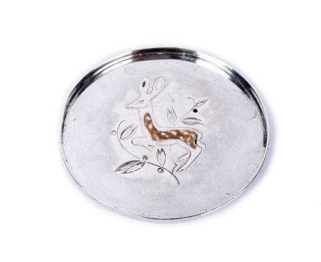 Anton Michelsen, Copenhagen, Denmark: a silver and enamel pin dish, decorated with a deer or fawn, 7.5cms diameter, 1.4oz gro