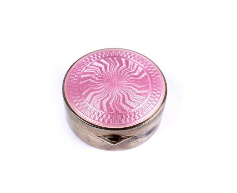An Art Deco silver and pink guilloche enamel pill box, London import mark, Gourdel Vales &amp; Co, 1926, of circular form, op