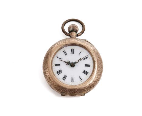 A Continental rose gold open face fob pocket watch, the white enamel Roman dial in profusely engraved case, the case back wit