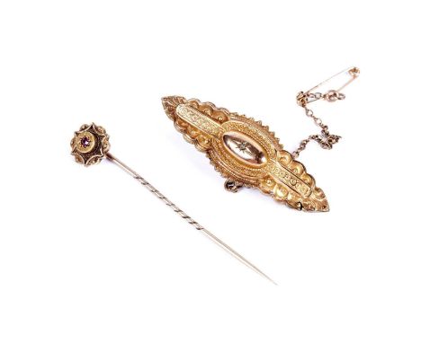 A Victorian 9ct yellow gold and diamond Etruscan revival brooch, by T &amp; W, steel pin, 3.0g gross; together with a early 2