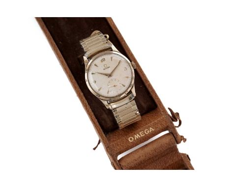 An Omega 9ct gold cased manual wind wristwatch, the silvered dial with Arabic numerals and baton hour markers, subsidiary sec