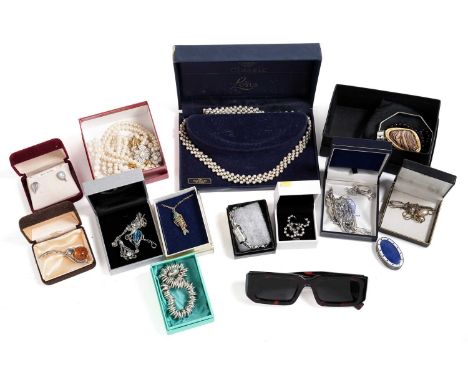 A selection of silver and costume jewellery, including: a silver lion pattern brooch, by Ola Gorie; a silver octagonal bangle