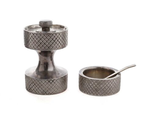 An Elizabeth II silver pepper grinder, table salt and spoon, by Anthony Gordon Elson, London 1969, with repeated diamond-shap