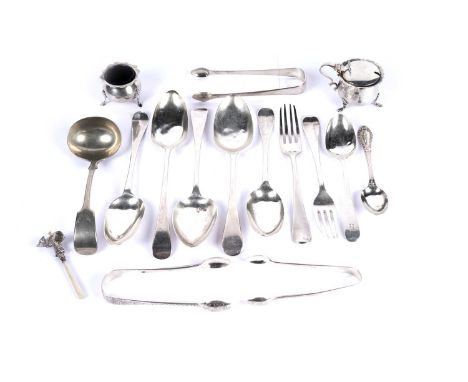 A collection of George III and later flatware, including: three George III silver tablespoons; two George III tableforks, a s