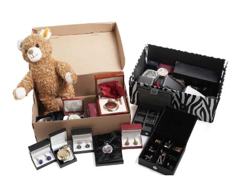A selection of silver and costume jewellery, including: a silver and enamel patch box; a silver charm bracelet; a selection o
