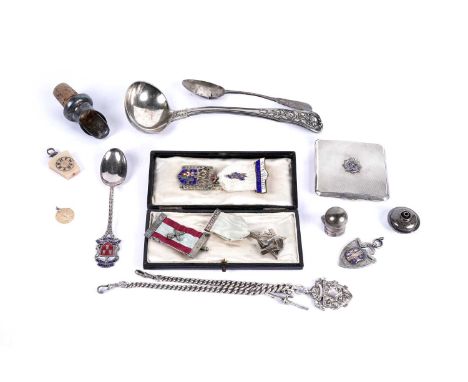 A collection of silver, accessories and collectables, including: three Masonic related partially silver jewels; a silver Albe
