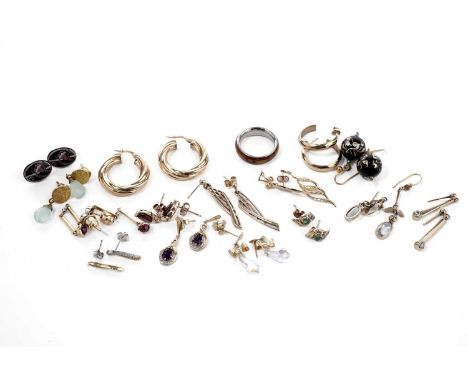 A selection of gold, gemstone set and other earrings, including: a pair of diamond drop earrings, in 9ct gold, 2.6g gross; a 